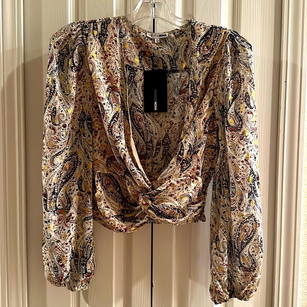 Fashion nova paisley top long sleeve gold